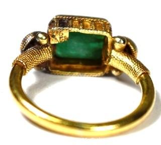 22 Kt (tested) Yellow Gold Byzantine Style Ring with Rough Cut Emerald Center. Size 4 1/2