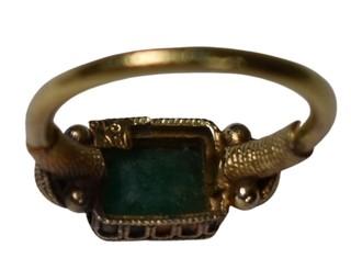 22 Kt (tested) Yellow Gold Byzantine Style Ring with Rough Cut Emerald Center. Size 4 1/2