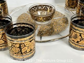 Vintage Georges Briard Spanish Gold Rock Bar Glasses and Hors d'Oeuvres Platter.