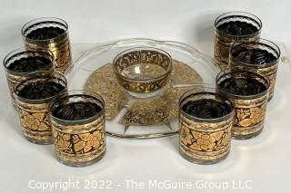 Vintage Georges Briard Spanish Gold Rock Bar Glasses and Hors d'Oeuvres Platter.