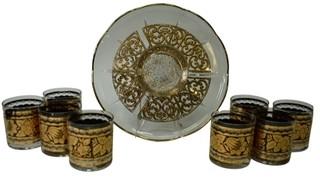 Vintage Georges Briard Spanish Gold Rock Bar Glasses and Hors d'Oeuvres Platter.