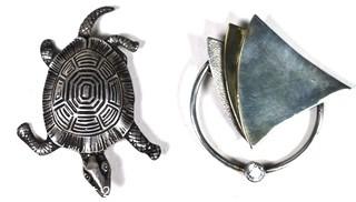 Two (2) Sterling Silver Brooches - Turtle and Abstract.  