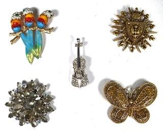 Group of Five (5) Costume Jewelry Brooches, One with Broken Clasp.