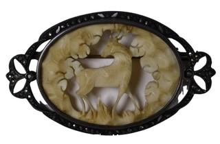 Antique Hand Carved Openwork Deer in Bone with Marcasite Surround Brooch