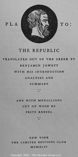 1944 Limited Editions Club of New York: "The Republic - Two Volume Set" with Slipcover. Plato's Republic with Medallions Cut on Wood by Fritz Kredel. Hand Numbered # 425 and Hand Signed by the Illustrator.