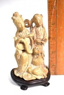 Antique Chinese Soapstone Carving on Plinth - Immortal and Attendant.  Some Damage.  5" tall