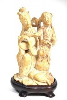 Antique Chinese Soapstone Carving on Plinth - Immortal and Attendant.  Some Damage.  5" tall