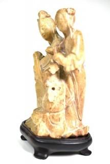 Antique Chinese Soapstone Carving on Plinth - Immortal and Attendant.  Some Damage.  5" tall