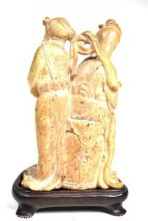 Antique Chinese Soapstone Carving on Plinth - Immortal and Attendant.  Some Damage.  5" tall