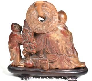 Antique Chinese Soapstone Carving on Plinth - Immortal with Parasol  4" tall