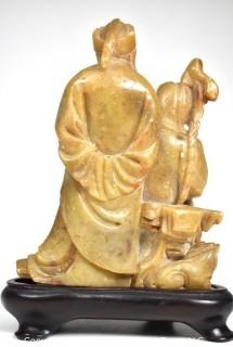 Antique Chinese Soapstone Carving on Plinth of Two Immortals with Canes.  4" tall