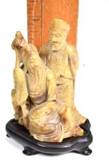 Antique Chinese Soapstone Carving on Plinth of Two Immortals with Canes.  4" tall