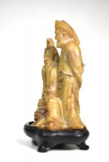 Antique Chinese Soapstone Carving on Plinth of Two Immortals with Canes.  4" tall