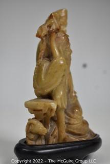 Antique Chinese Soapstone Carving on Plinth of Two Immortals with Canes.  4" tall