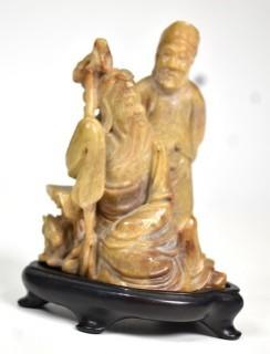 Antique Chinese Soapstone Carving on Plinth of Two Immortals with Canes.  4" tall