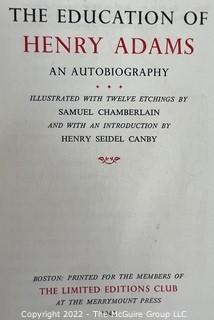 1942 Limited Editions Club of New York: "The Education of Henry Adams". Illustrated with 12 Etchings by Samuel Chamberlain. Hand Numbered # 425 and Hand Signed by the Illustrator.