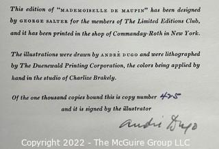 1943 Limited Editions Club of New York: "Mademoiselle de Maupin" by Theophile Gautier. Hand Colored Illustrations by Andre Dugo. Numbered #425 and signed by the illustrator.