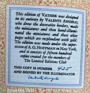 1945 Limited Editions Club of New York: "Vathek: An Arabian Tale" by William Beckford. Decorated and Illuminated by Valenti Angelo. Leather Bound with Slip Cover. Numbered #425 and Signed by the Illuminator.