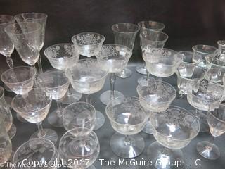 Collection of etched glass stemware 