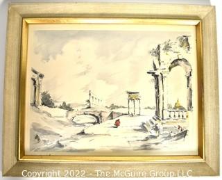 Framed Under Glass Hand-Colored Lithograph  Entitled "Classical Landscape IV"  by  C. Williams 