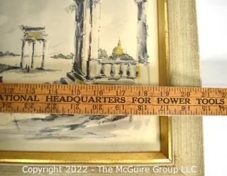 Framed Under Glass Hand-Colored Lithograph  Entitled "Classical Landscape IV"  by  C. Williams 