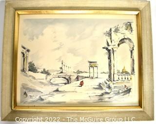 Framed Under Glass Hand-Colored Lithograph  Entitled "Classical Landscape IV"  by  C. Williams 