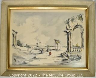 Framed Under Glass Hand-Colored Lithograph  Entitled "Classical Landscape IV"  by  C. Williams 