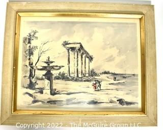 Framed Under Glass Hand-Colored Lithograph  Entitled "Classical Landscape III"  by  C. Williams 