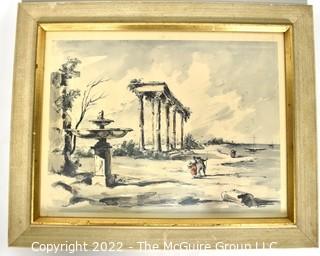 Framed Under Glass Hand-Colored Lithograph  Entitled "Classical Landscape III"  by  C. Williams 