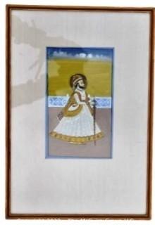 Framed Under Glass Gouache Rajasthani Maharajah Portrait Painting on Paper.  14" x 26".