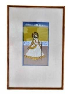 Framed Under Glass Gouache Rajasthani Maharajah Portrait Painting on Paper.  14" x 26".