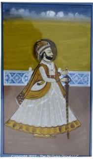 Framed Under Glass Gouache Rajasthani Maharajah Portrait Painting on Paper.  14" x 26".