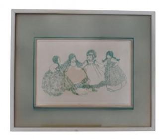 Framed Under Glass Color Lithograph Entitled "Playmates" Signed and Numbered by Artist Joan Aikens. 16"x 18".