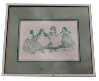 Framed Under Glass Color Lithograph Entitled "Playmates" Signed and Numbered by Artist Joan Aikens. 16"x 18".