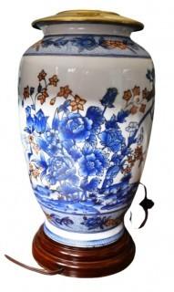 Large Pair of 20th Century Asian Style Blue and White Porcelain Table Lamps with Shades. 26" tall.