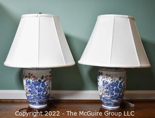 Large Pair of 20th Century Asian Style Blue and White Porcelain Table Lamps with Shades. 26" tall.