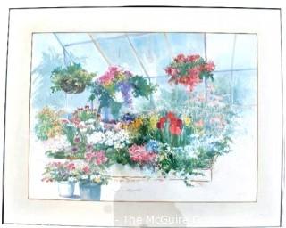 Framed Under Glass Color Print of Flowers in Green House Signed and Numbered by Artist Daluna  1988.  