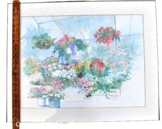 Framed Under Glass Color Print of Flowers in Green House Signed and Numbered by Artist Daluna  1988.  