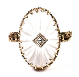 Edwardian Cut Rock Crystal Face With Diamond Center in 14Kt Gold Surround Ring. 5.2 grams total weight. 