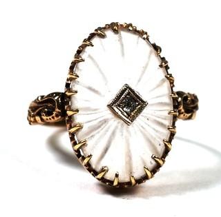 Edwardian Cut Rock Crystal Face With Diamond Center in 14Kt Gold Surround Ring. 5.2 grams total weight. 