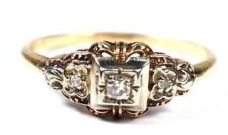 Art Deco Diamond Engagement Ring with Three Diamonds Mounted In A 14k White And Yellow Gold Band. 1.2 grams total weight