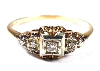 Art Deco Diamond Engagement Ring with Three Diamonds Mounted In A 14k White And Yellow Gold Band. 1.2 grams total weight