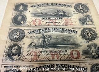 {$1 2 3 5}  1857 Western Exchange Fire & Marine Insurance Co. Omaha City, NE Uncut, Uncirculated Obsolete Currency Sheet. 