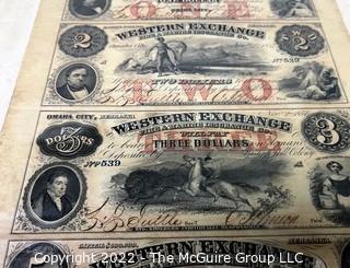 {$1 2 3 5}  1857 Western Exchange Fire & Marine Insurance Co. Omaha City, NE Uncut, Uncirculated Obsolete Currency Sheet. 