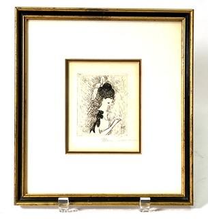 Framed Under Glass Original Etching by Marie Laurencin Entitled "Delphine" Signed by Artist with Label from Gallery on Back.  Measures 9" x 10"