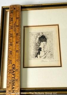 Framed Under Glass Original Etching by Marie Laurencin Entitled "Delphine" Signed by Artist with Label from Gallery on Back.  Measures 9" x 10"