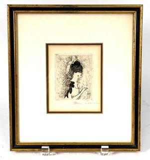 Framed Under Glass Original Etching by Marie Laurencin Entitled "Delphine" Signed by Artist with Label from Gallery on Back.  Measures 9" x 10"