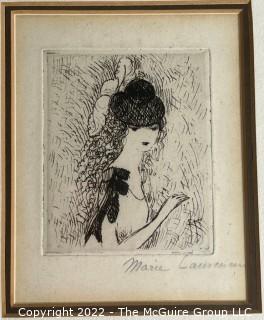 Framed Under Glass Original Etching by Marie Laurencin Entitled "Delphine" Signed by Artist with Label from Gallery on Back.  Measures 9" x 10"