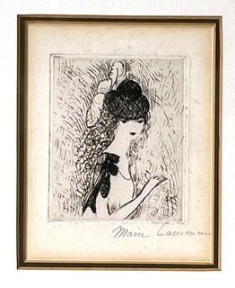 Framed Under Glass Original Etching by Marie Laurencin Entitled "Delphine" Signed by Artist with Label from Gallery on Back.  Measures 9" x 10"