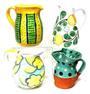 Four (4)  Hand Painted Ceramic and Pottery Pitchers Including - Kazuri Kenya and French Provincial Glazed Polka-Dot Pitcher.